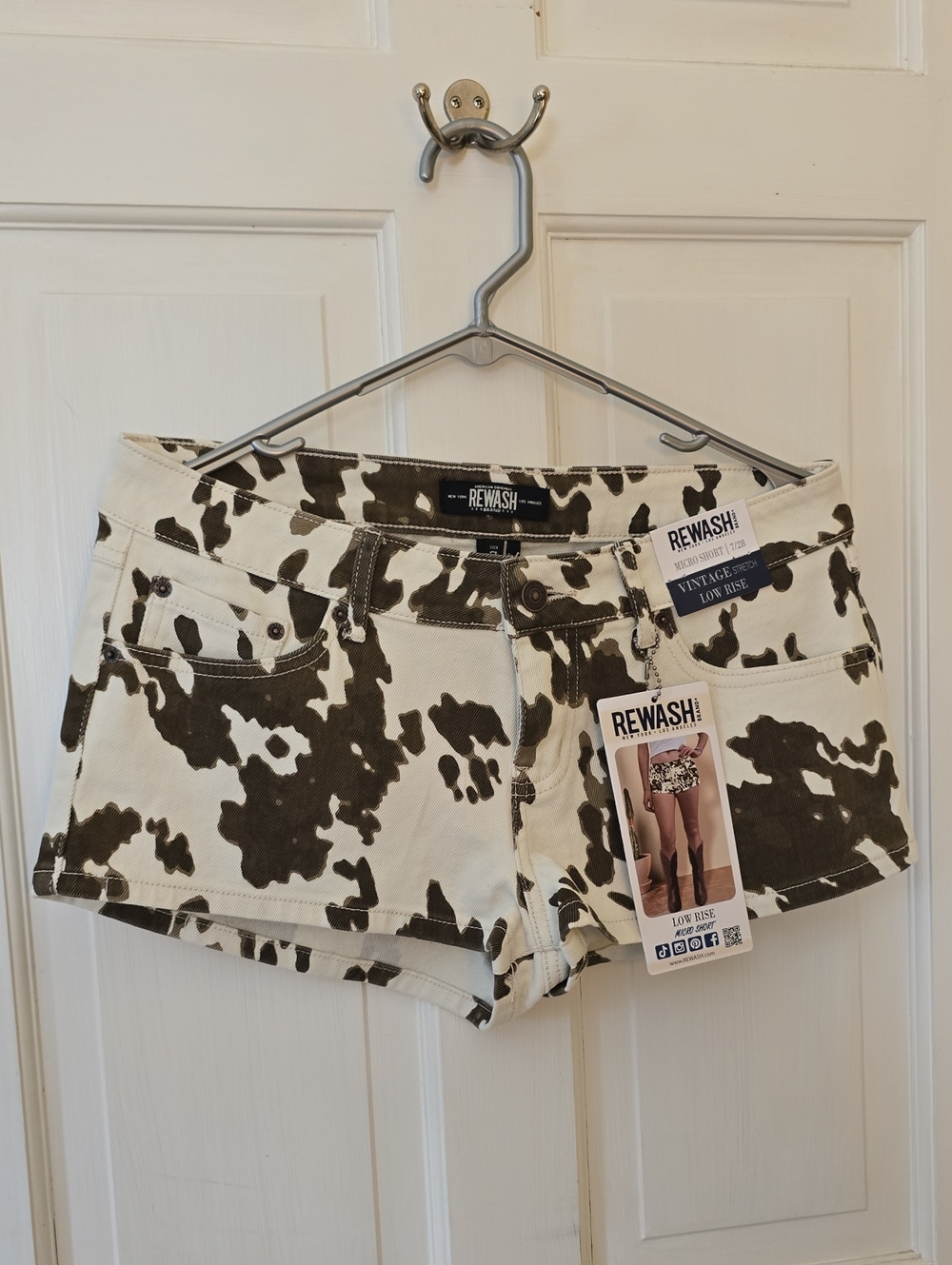 Rewash Cow-Print Low-Rise Denim Shorts - Brown & White